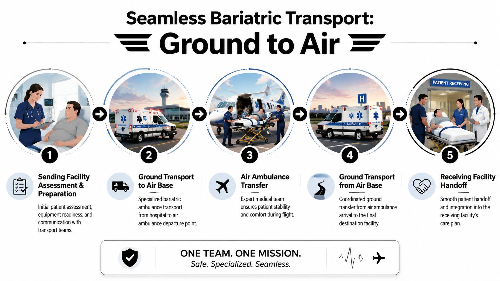 A five-step infographic showing the seamless bariatric patient transport process from ground ambulance to air ambulance and facility.
