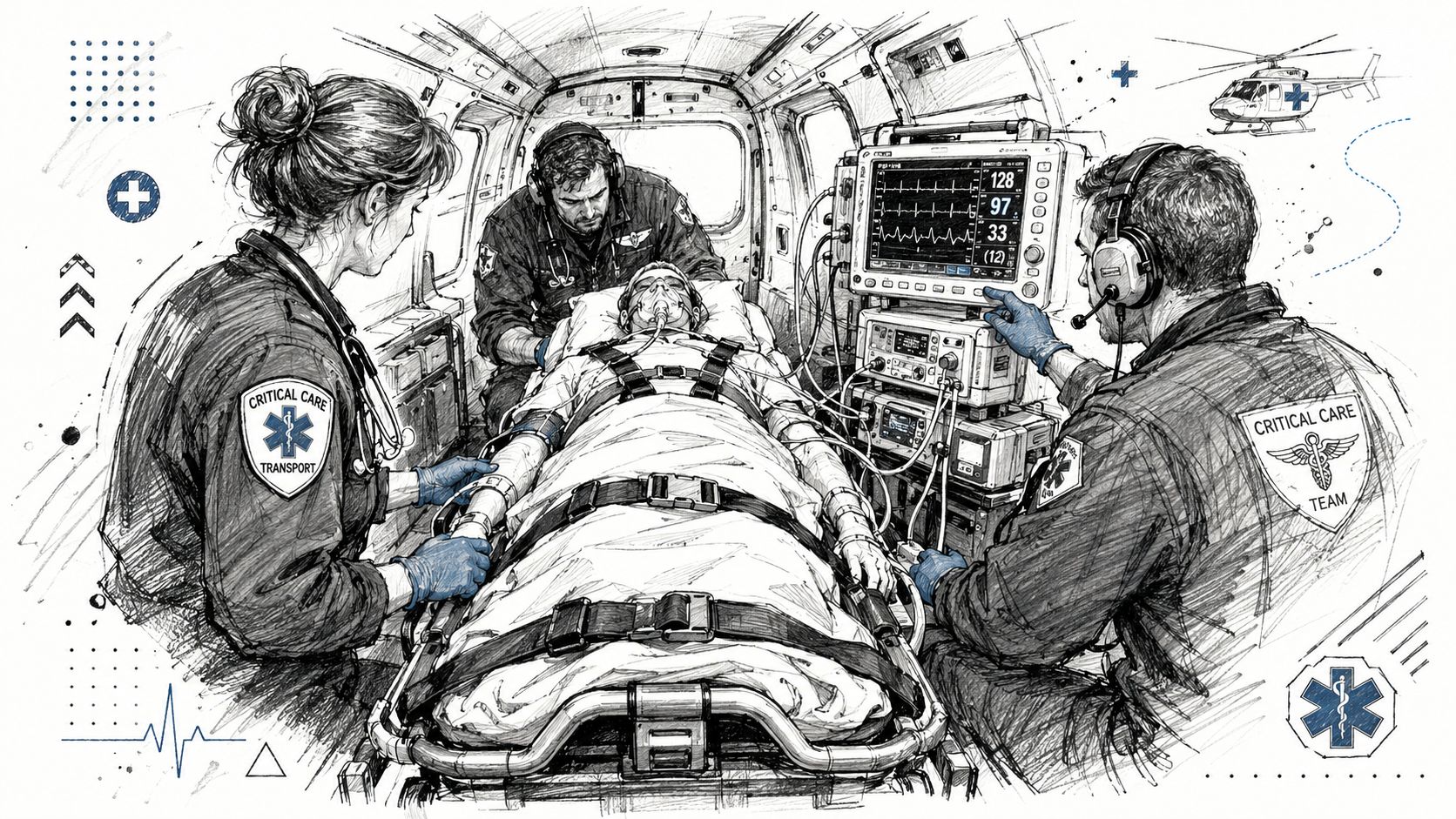 A critical care team provides emergency medical treatment to a patient inside a helicopter transport cabin.