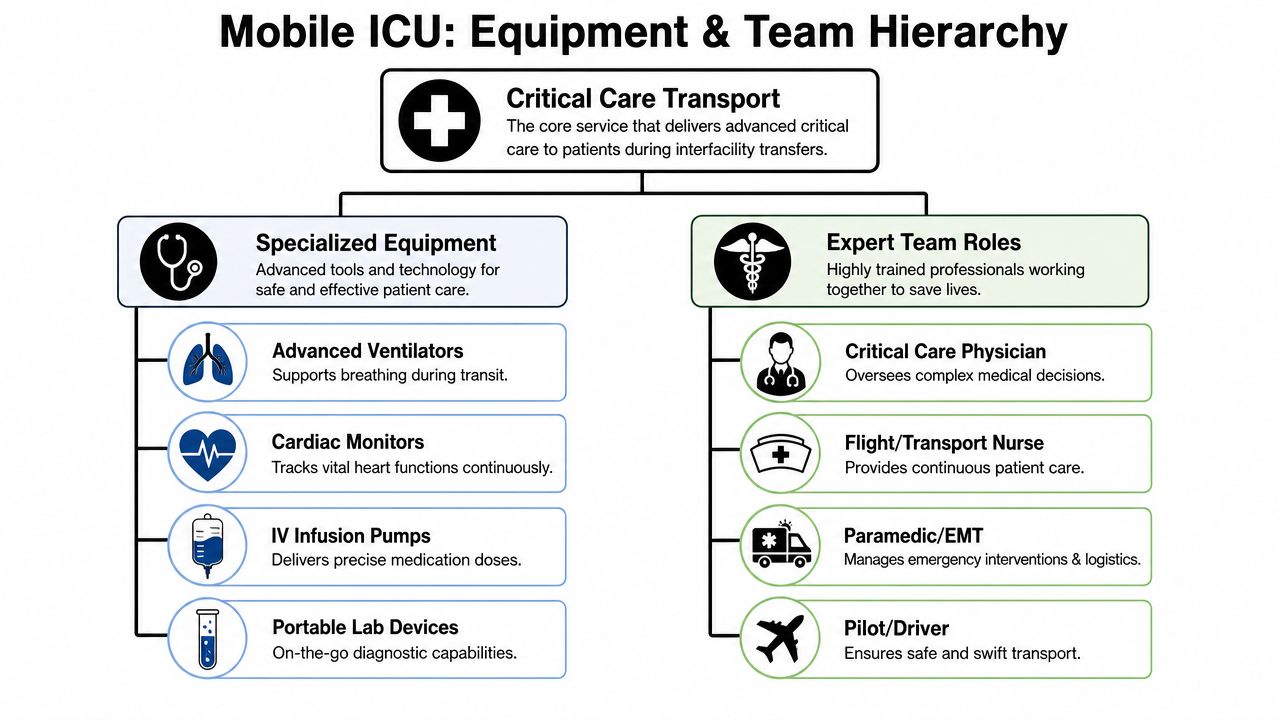 An infographic detailing the equipment and professional team roles involved in a mobile critical care transport unit.