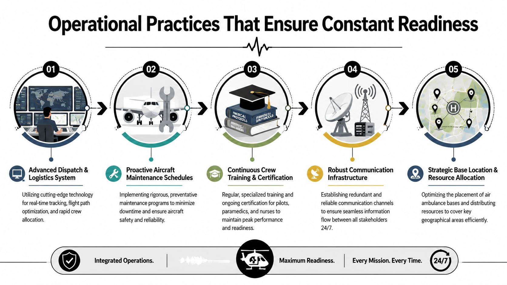 A five-step infographic showing operational practices for constant readiness in air ambulance services and logistics.