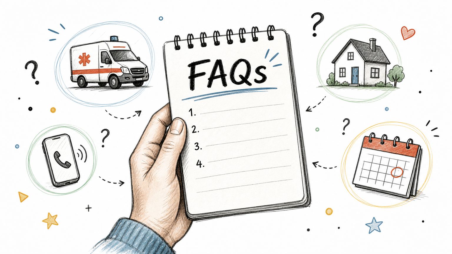 A hand holding a notepad labeled FAQs with icons of an ambulance, house, phone, and calendar.