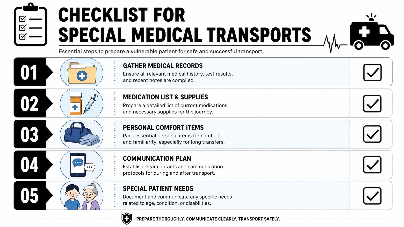A five-step checklist infographic for preparing vulnerable patients for safe and successful special medical transports.
