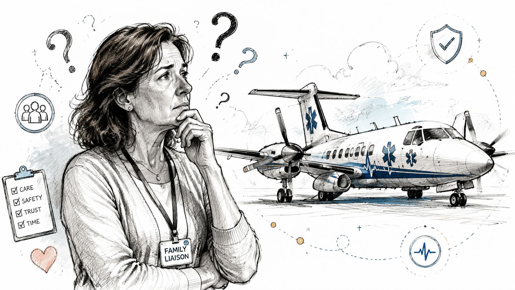 A family liaison officer contemplating medical air transport services with safety and care considerations illustrated.