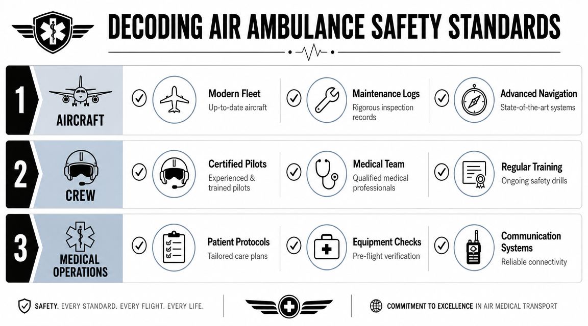 An infographic detailing air ambulance safety standards covering aircraft, flight crew, and medical operations requirements.