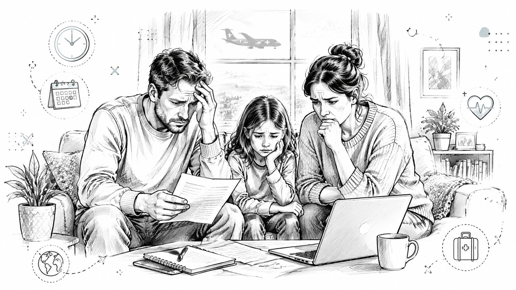 A worried family sitting on a couch with a laptop and documents, concerned about travel safety.