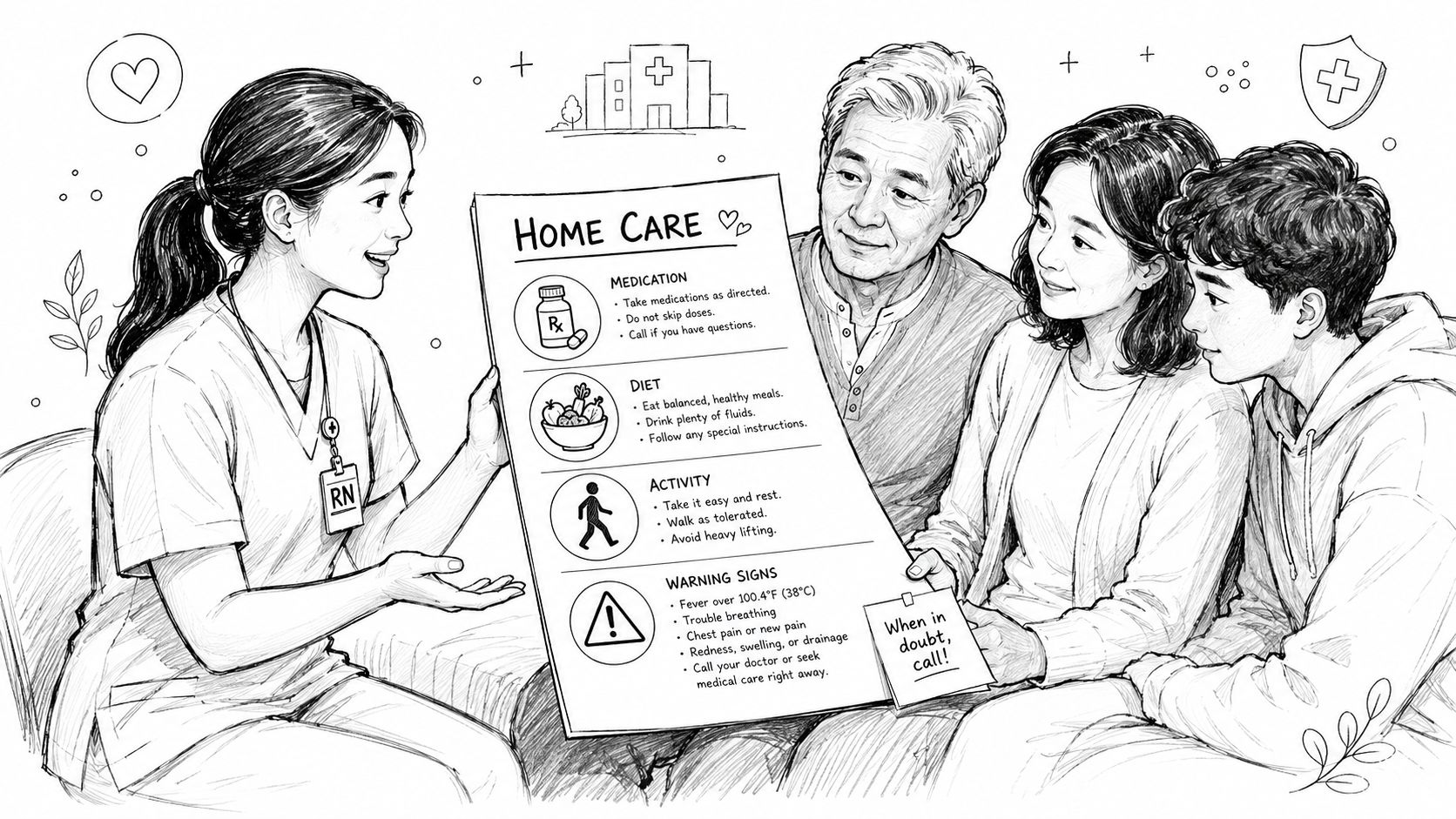 A nurse explains a home care checklist to a family during a patient discharge consultation.