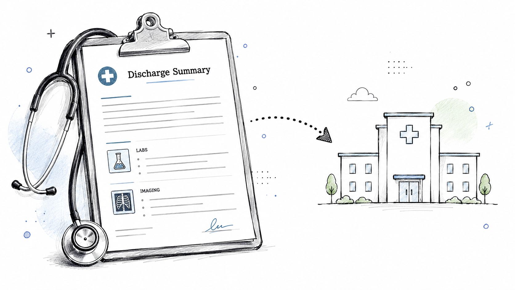 A hand-drawn illustration showing a clipboard with a medical discharge summary beside a hospital building icon.