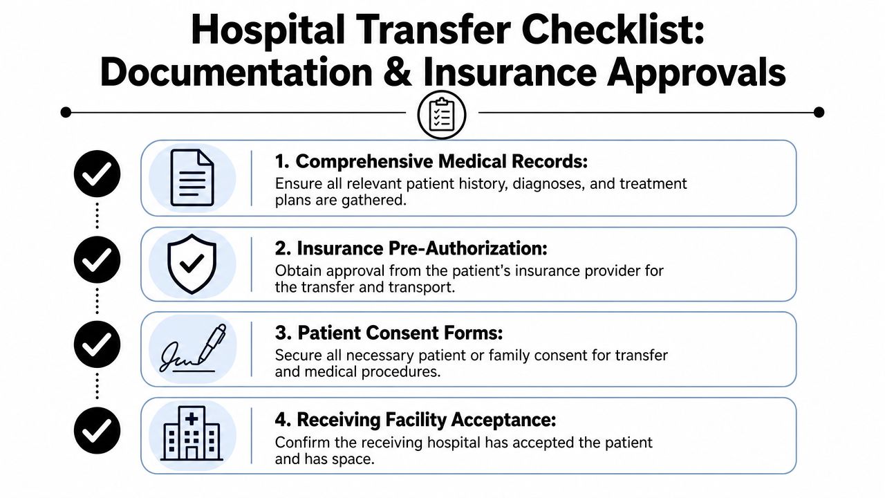 A checklist showing four essential steps for hospital to hospital patient transfer documentation and insurance approvals.