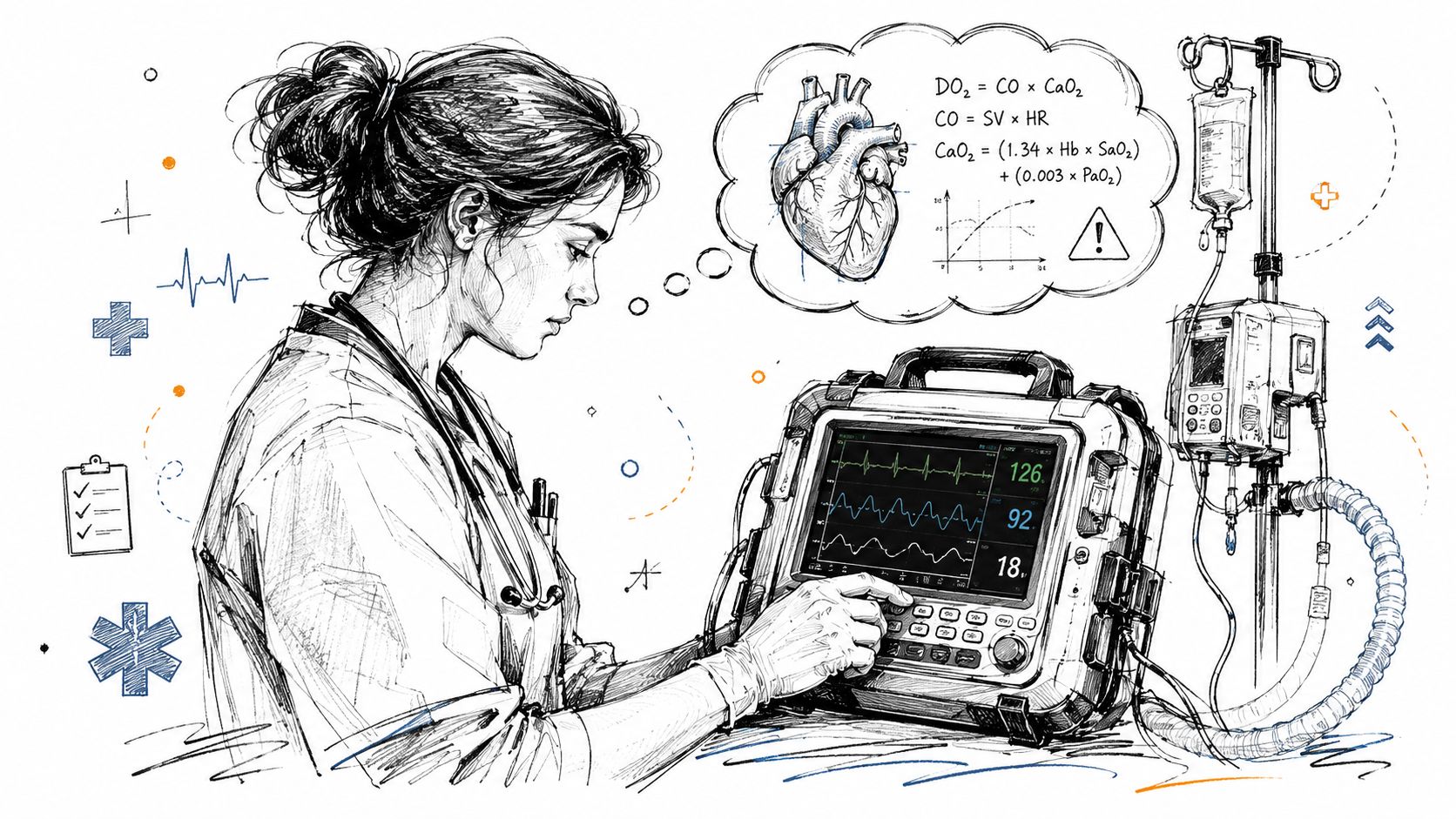 A female doctor reviewing medical monitor data depicting cardiac calculations and patient vital signs in a hospital.