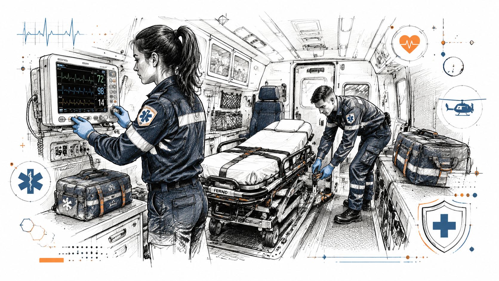 Two medical professionals operating inside an ambulance equipped with a stretcher and a cardiac monitor.