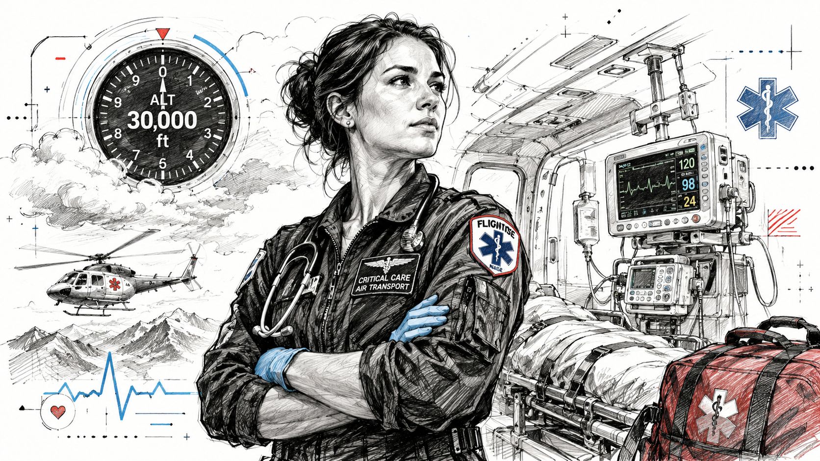 A professional flight nurse standing confidently in front of medical transport equipment with a helicopter in background.
