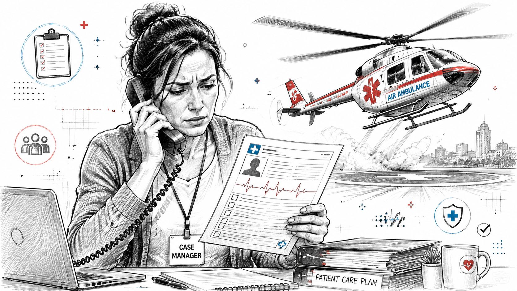 A concerned case manager reviews medical documentation while coordinating an emergency air ambulance flight on the phone.