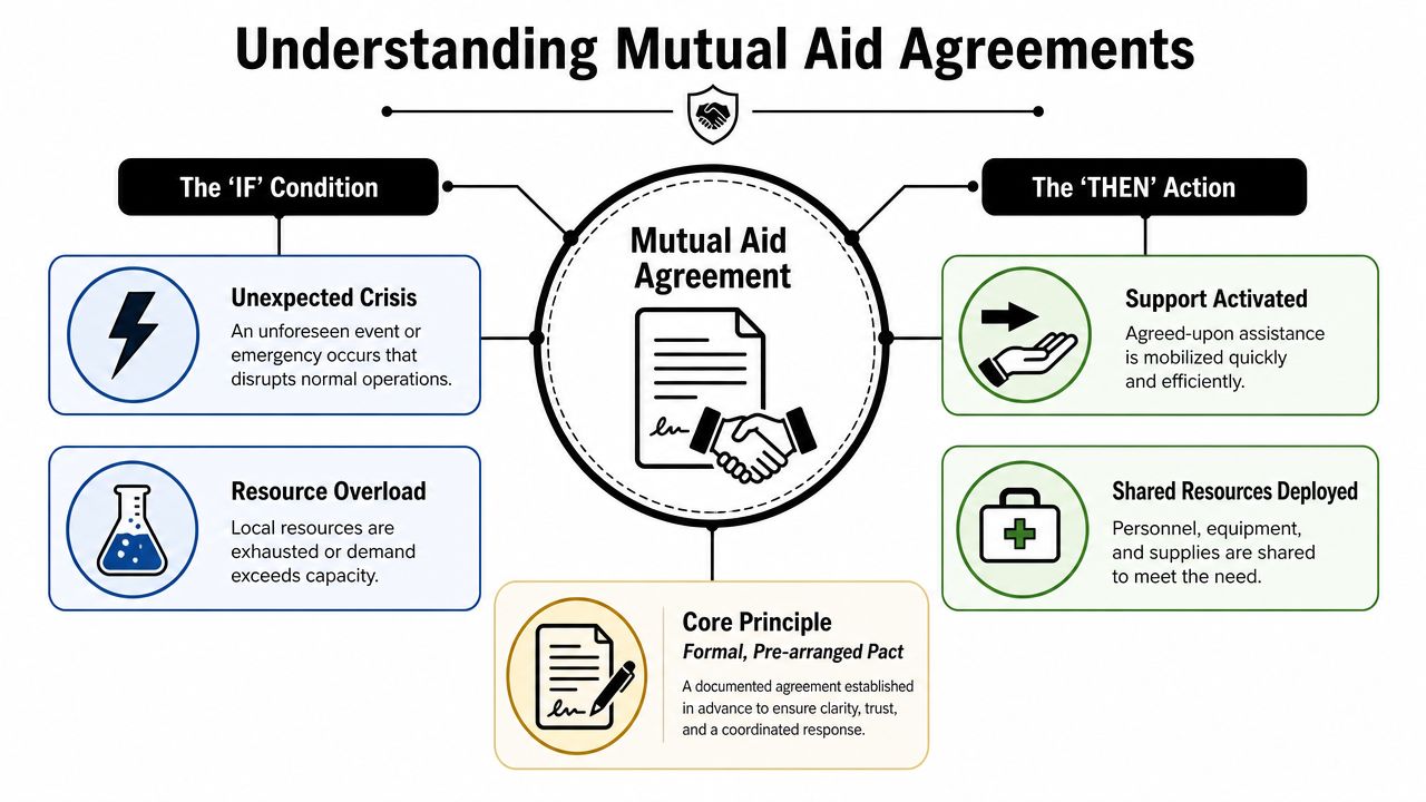 A diagram explaining Mutual Aid Agreements, featuring sections on IF conditions and THEN actions for emergency response.