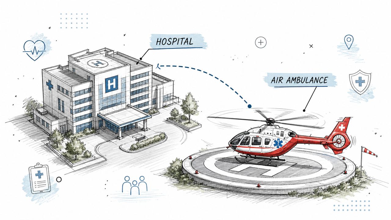 A digital illustration showing a hospital building and an air ambulance helicopter on a helipad landing zone.