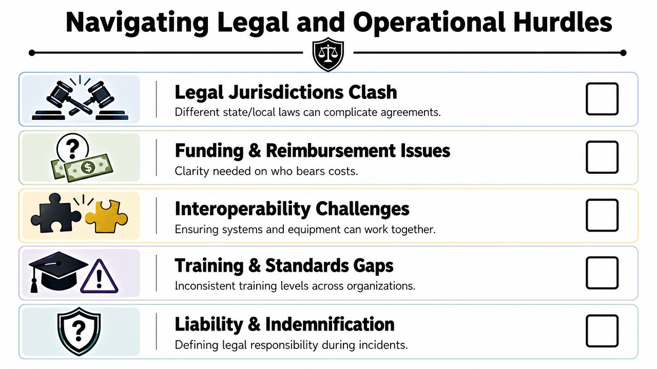 An infographic titled Navigating Legal and Operational Hurdles listing challenges like jurisdictional clashes, funding issues, and liability.