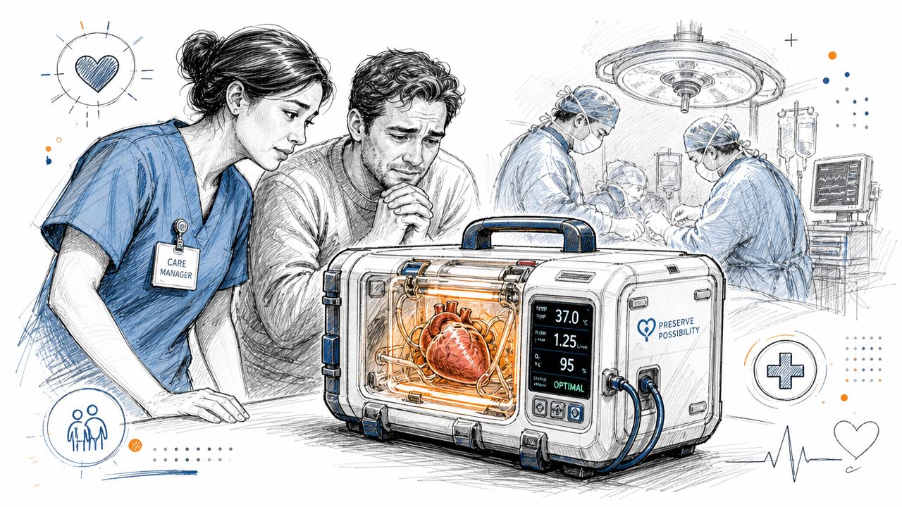 A care manager and an anxious man looking at a portable organ care system device.