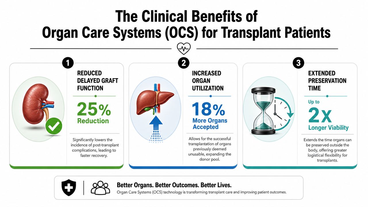An infographic showing the clinical benefits of organ care systems, including reduced complications, increased utilization, and extended time.