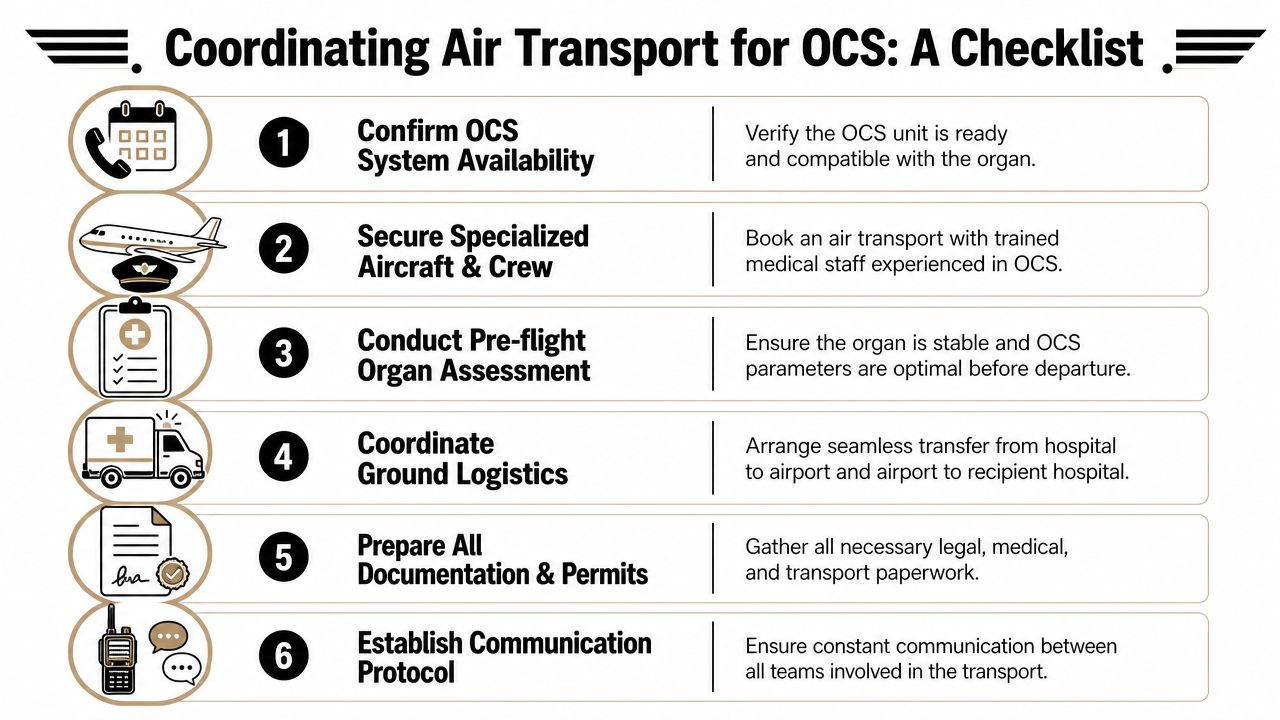 A six-step checklist infographic outlining the essential procedures for coordinating air transport for Organ Care Systems.