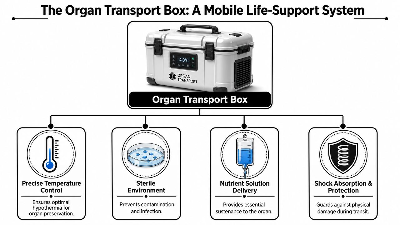 A diagram illustrating an organ transport box, highlighting temperature control, sterile environments, nutrient delivery, and shock protection.