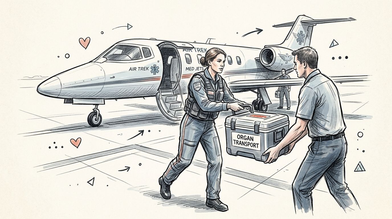 A flight medic and ground staff carrying an organ transport box toward a medical transport jet.