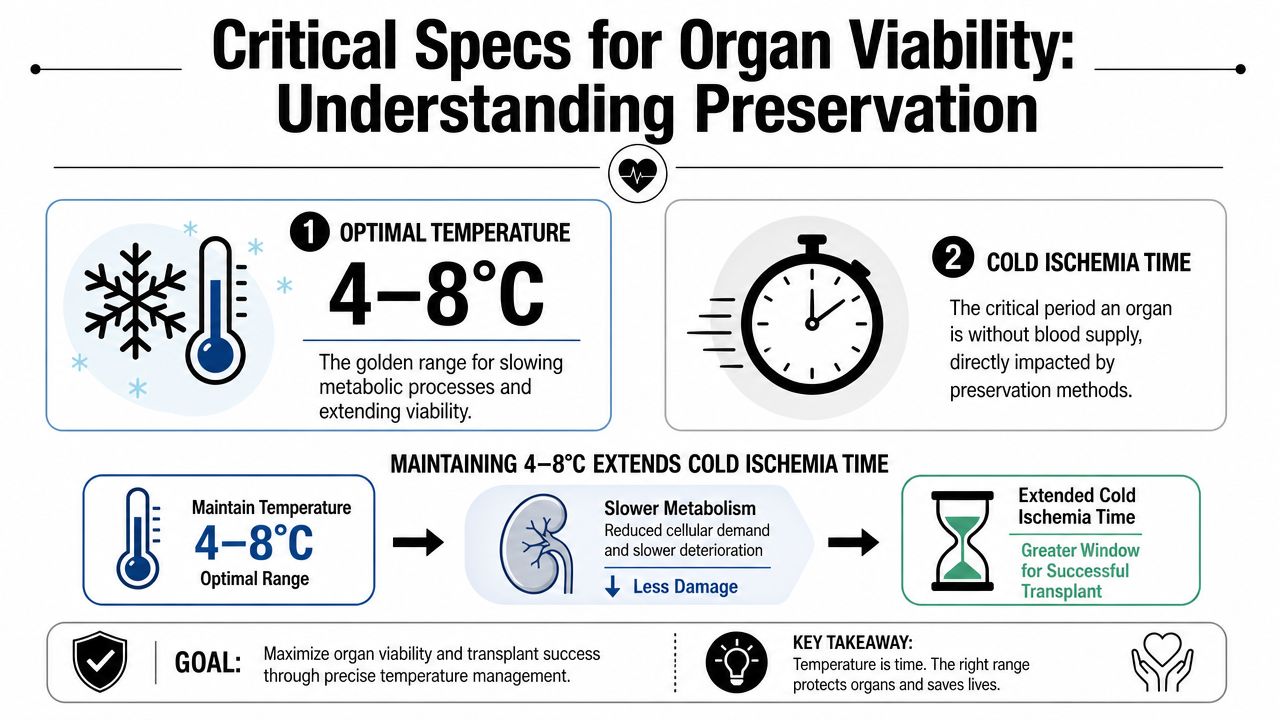 An infographic detailing critical temperature requirements and cold ischemia time for preserving organs for transplantation.