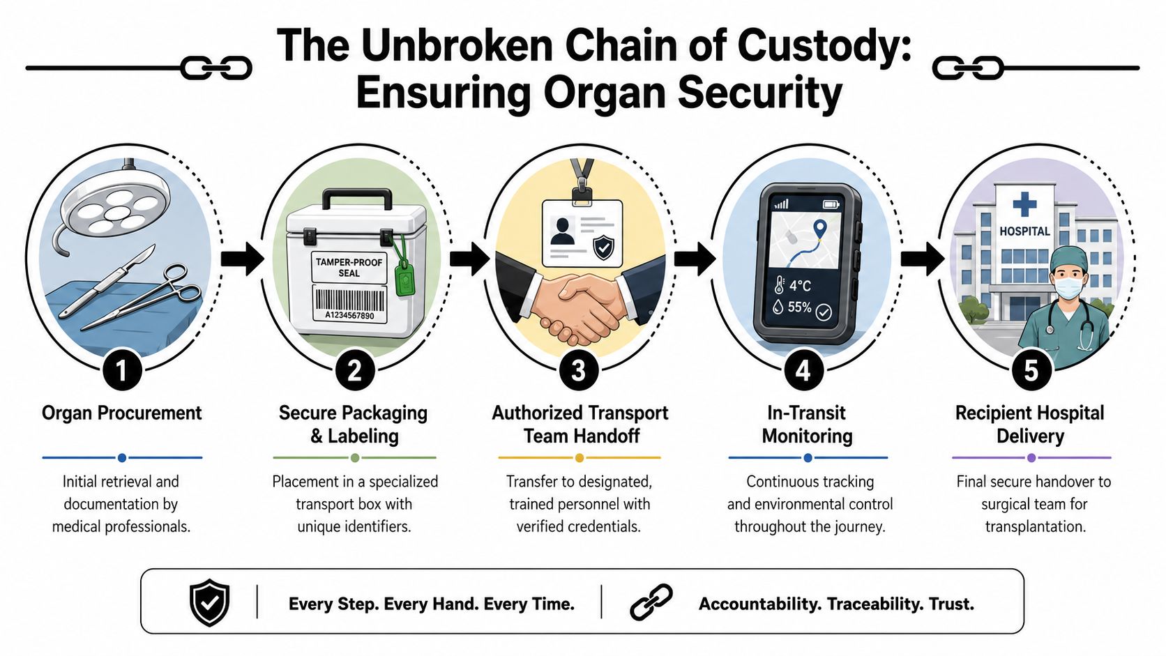 A five-step infographic illustrating the secure chain of custody for medical organ transport from procurement to delivery.