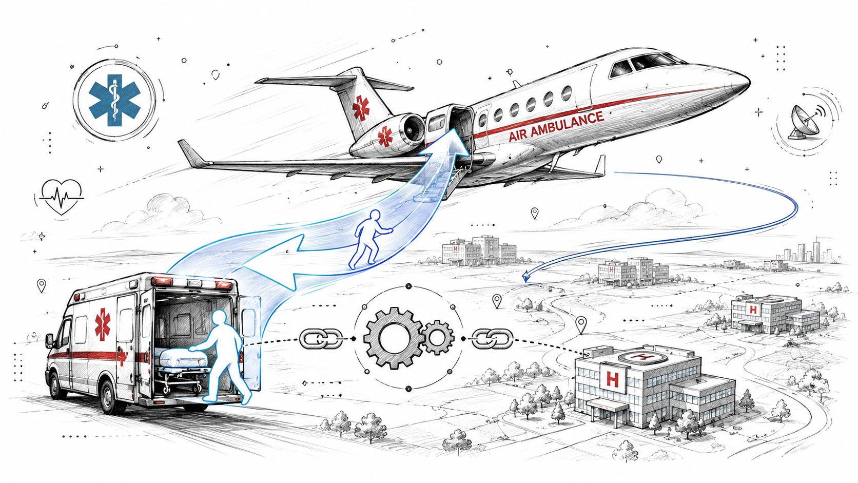 A conceptual illustration showing patient transport between an ambulance, air ambulance plane, and various medical hospitals.