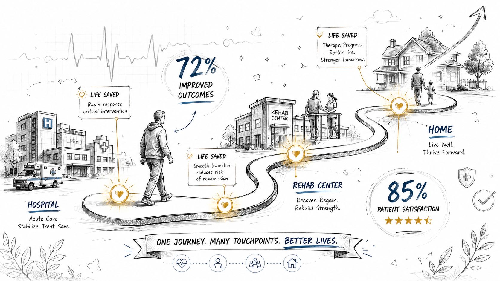 An illustrated patient journey map showing recovery from hospital to rehab center and returning home safely.