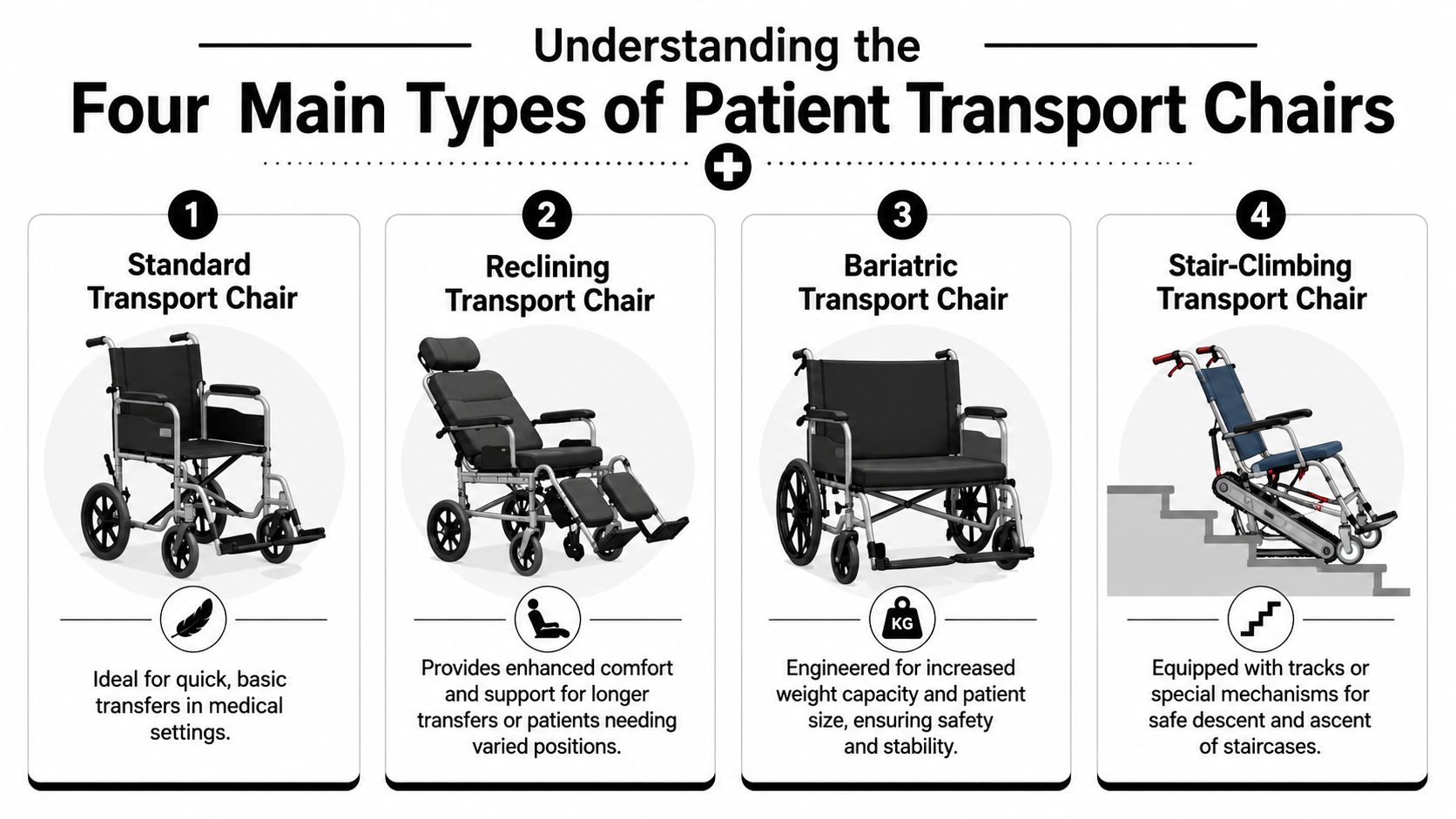 An infographic showing four main types of patient transport chairs used in medical settings.
