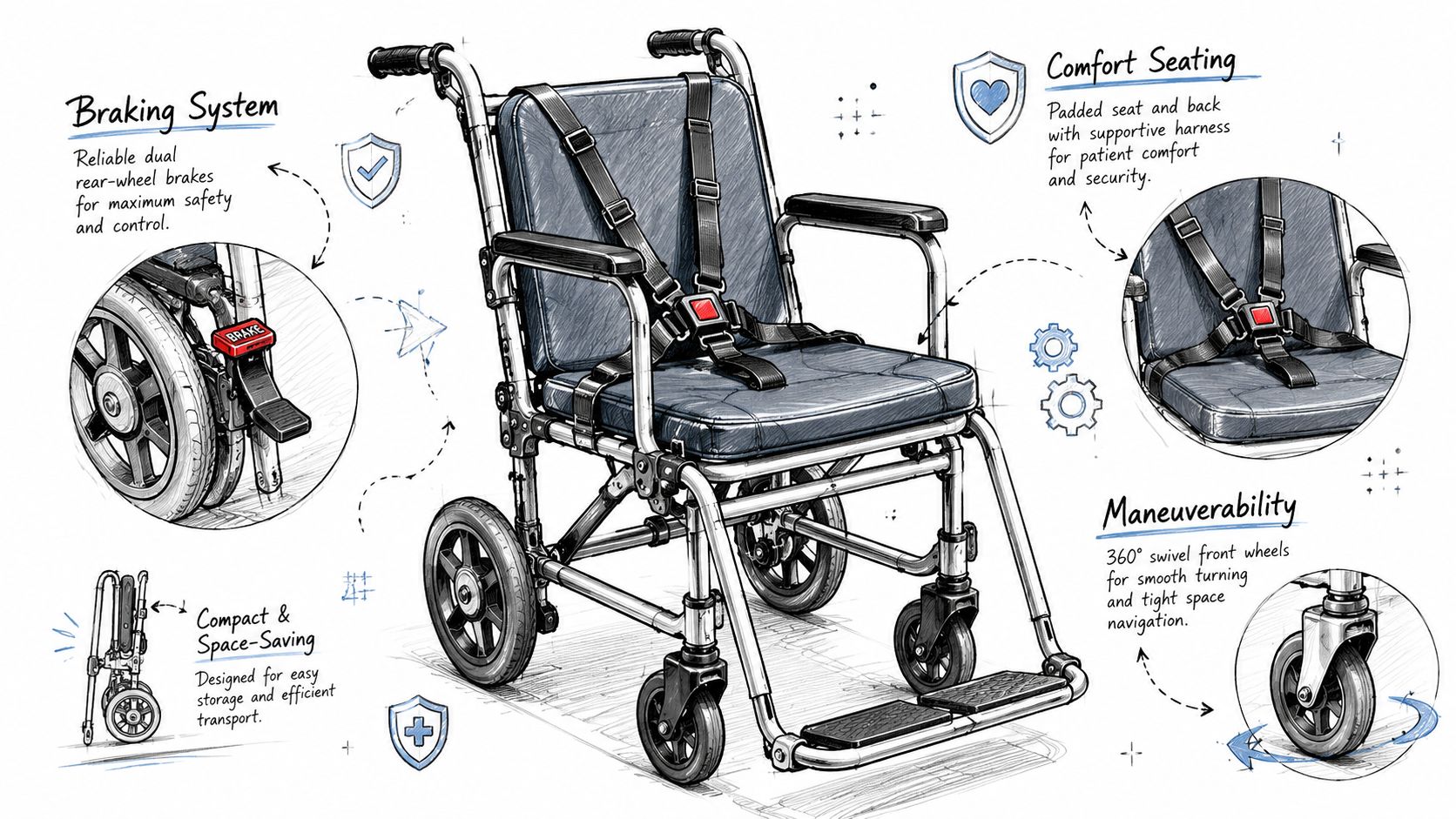 A product diagram of a medical patient transport chair highlighting braking, comfort, and maneuverability features.