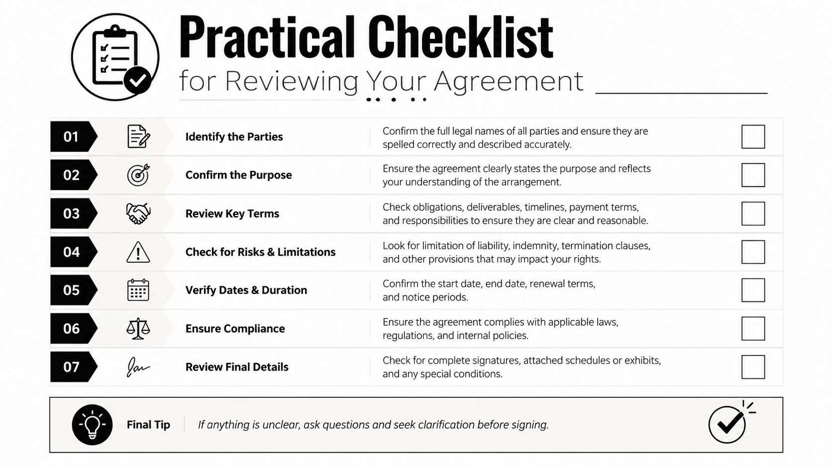 A professional checklist outlining seven essential steps for reviewing legal agreements and contracts.