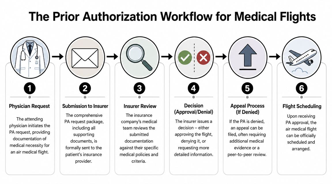 A six-step flow chart illustrating the prior authorization workflow process for organizing medical flights for patients.