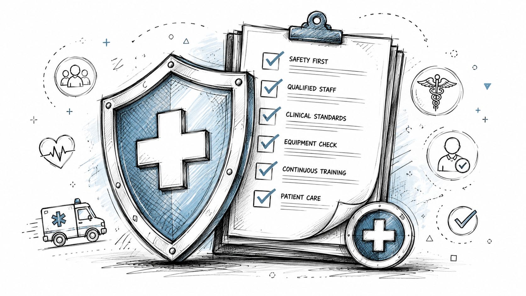A hand-drawn medical checklist showing safety, staff, and standards, accompanied by a shield, ambulance, and medical symbols.