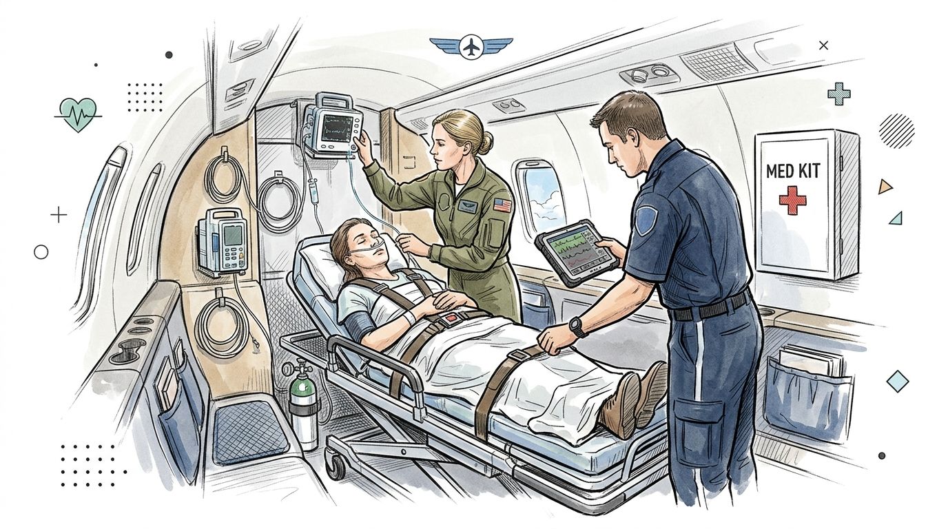 Medical flight crew attending to a patient on a stretcher inside an air ambulance plane.