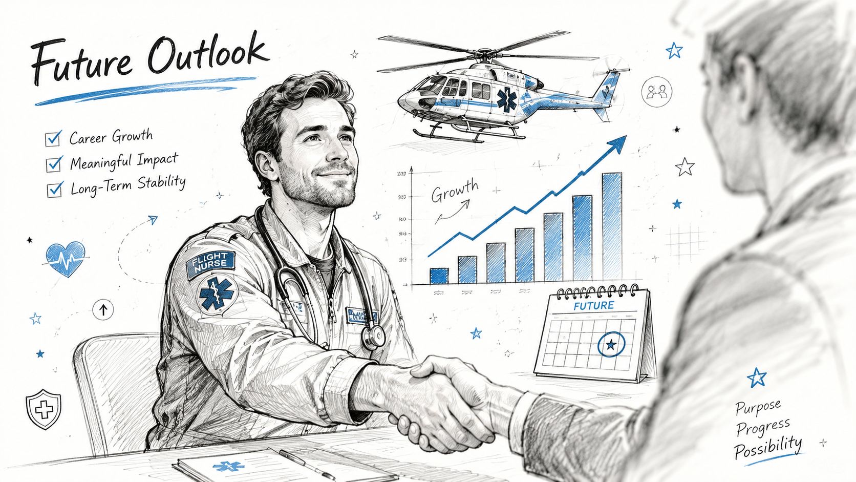A professional flight nurse shaking hands during a career interview, illustrating growth in air medical transport.