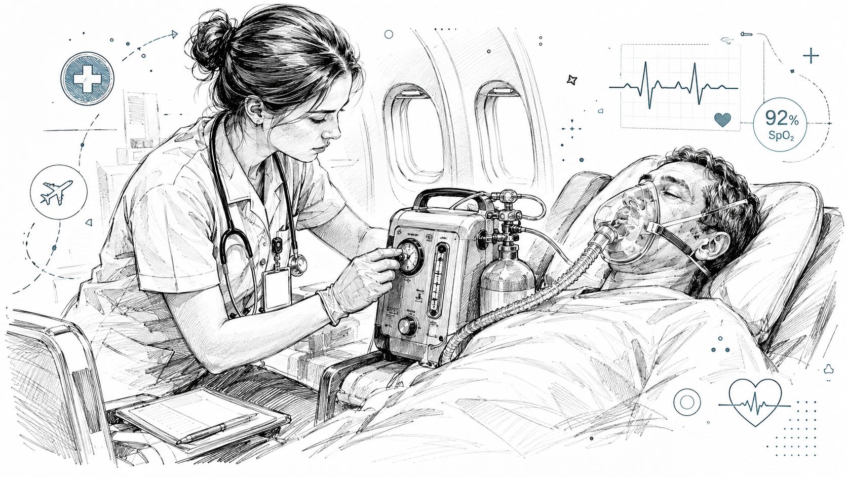 A healthcare professional adjusting an oxygen machine for a patient lying down inside an airplane cabin.
