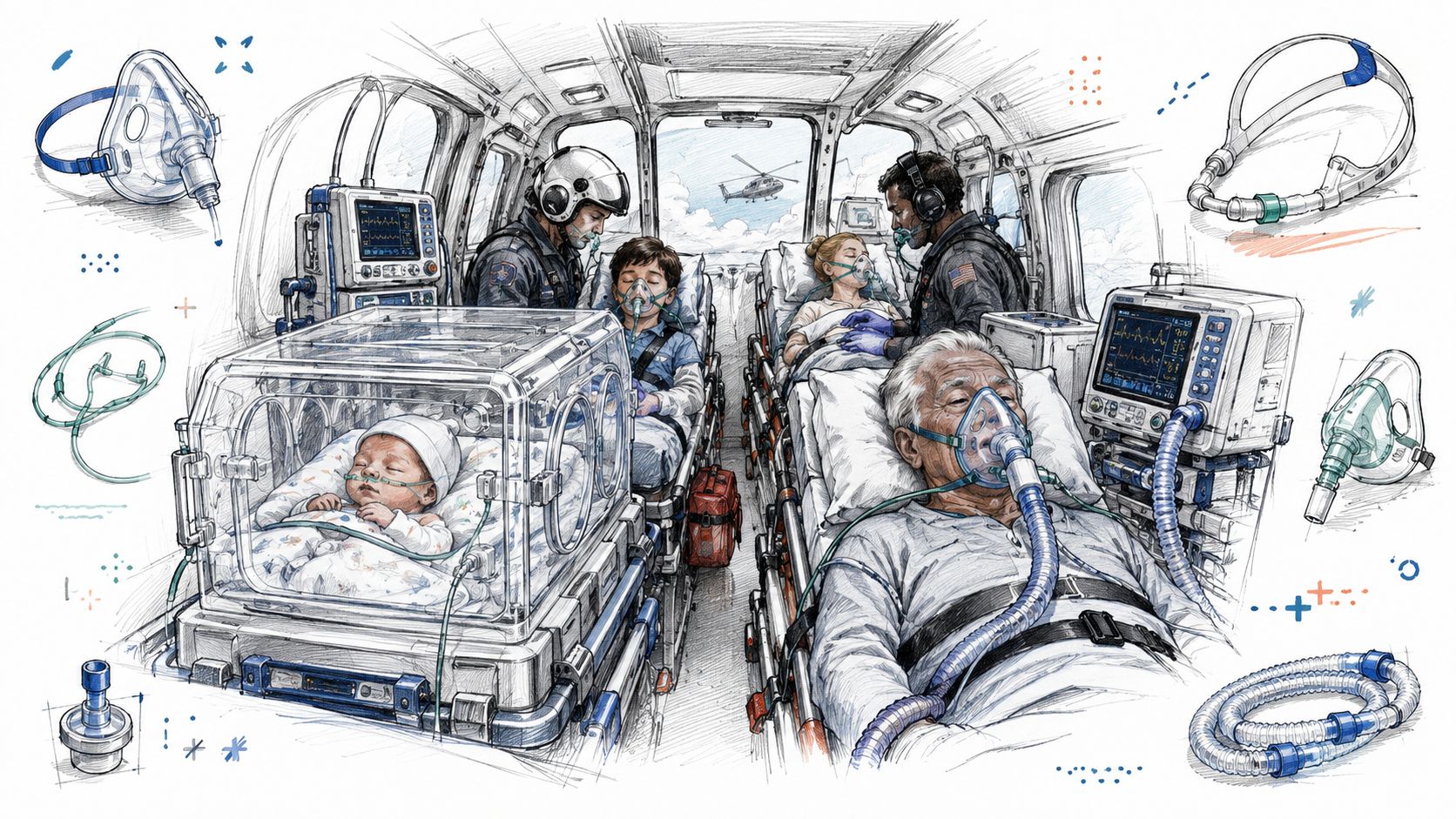 A detailed medical sketch showing patients of various ages receiving oxygen therapy inside a rescue helicopter.