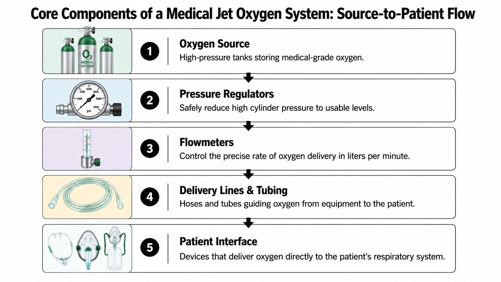 A diagram illustrating the five core components of a medical jet oxygen system from source to patient.