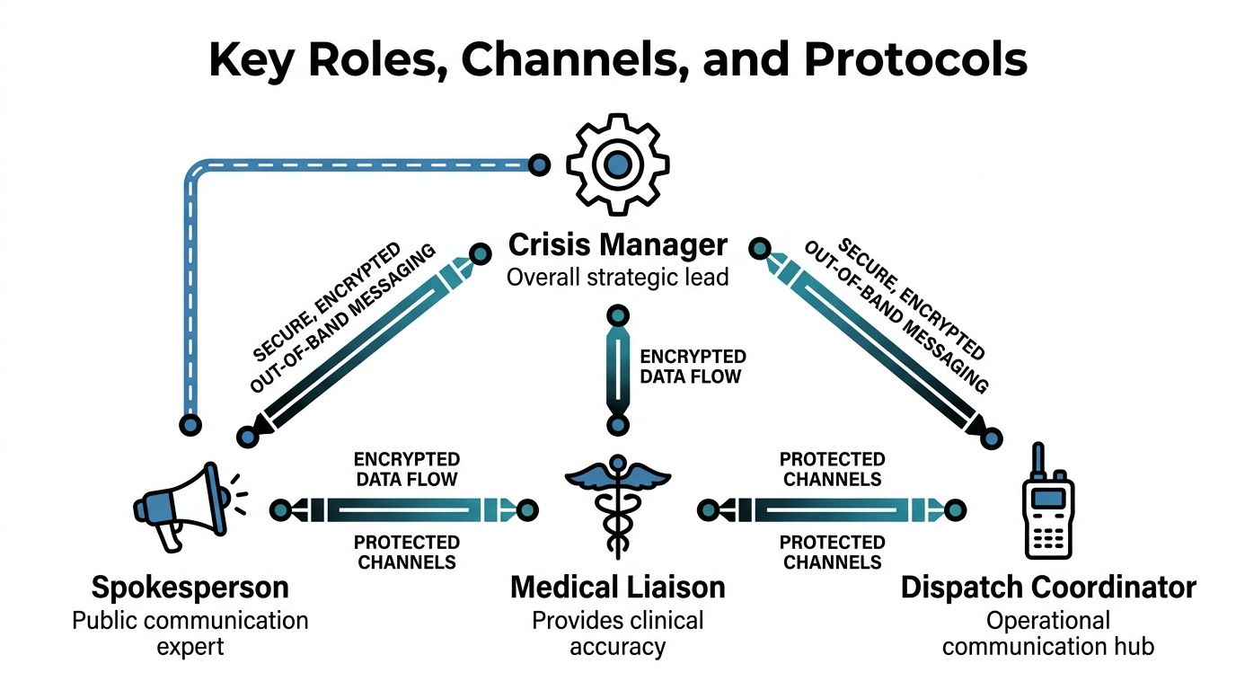 A diagram illustrating roles and secure communication protocols for an effective crisis management team structure.
