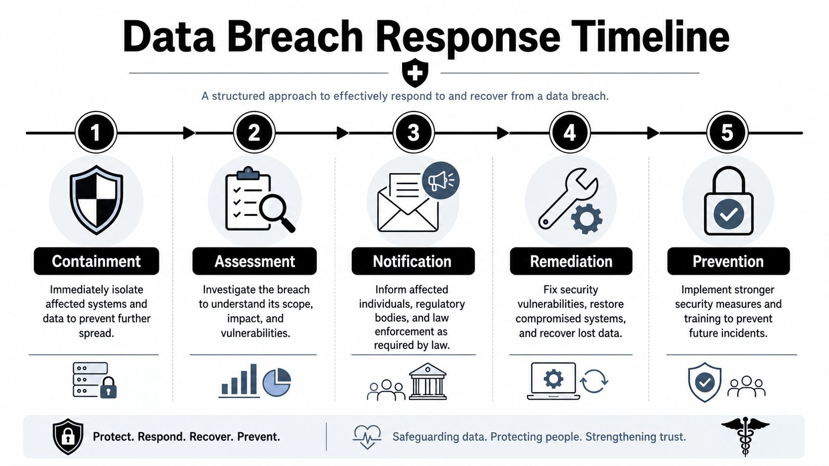 A data breach response timeline infographic outlining five essential steps to manage and recover from security incidents.