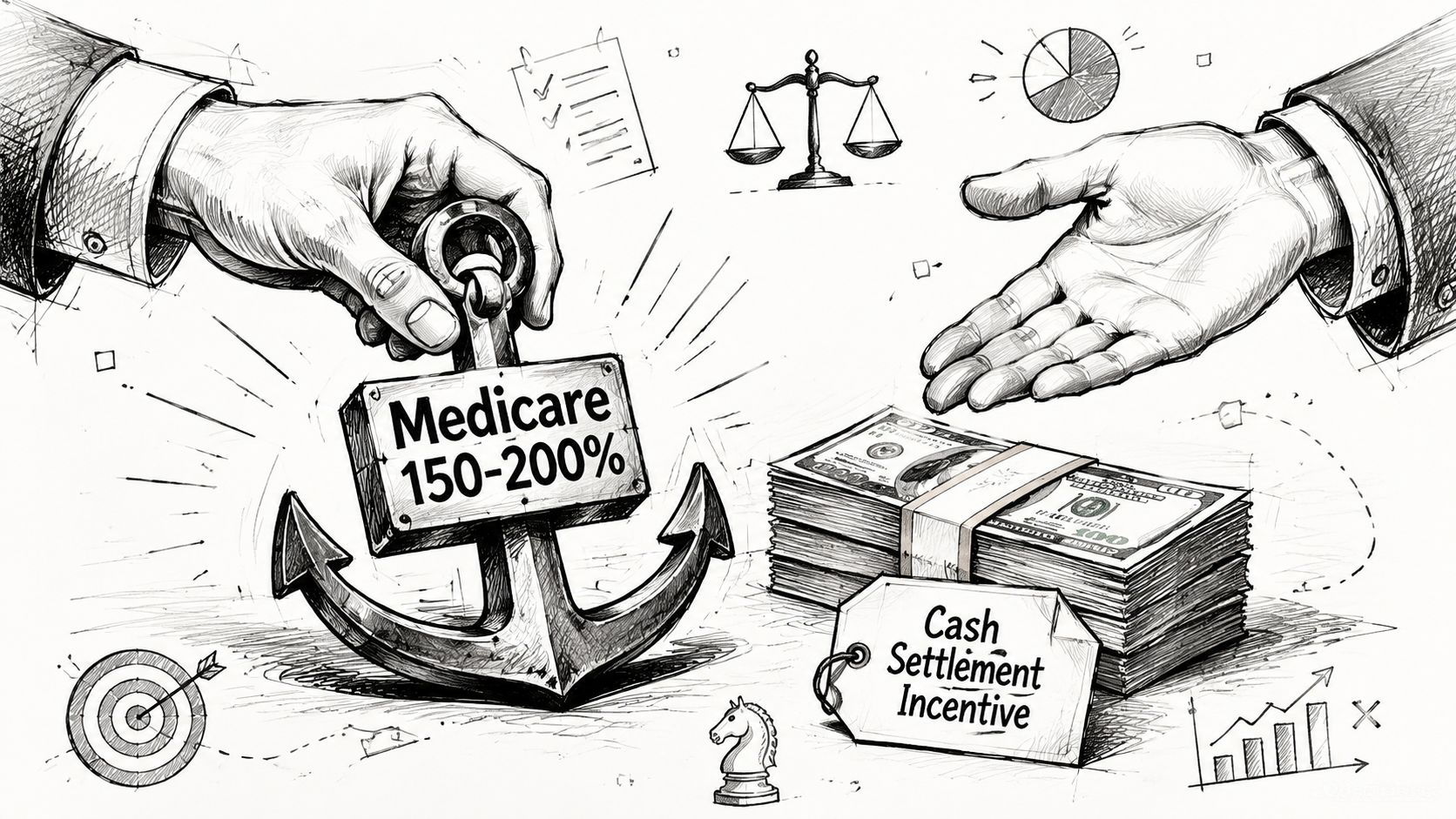 A hand holding a Medicare anchor symbol representing financial rates alongside a stack of cash for settlements.