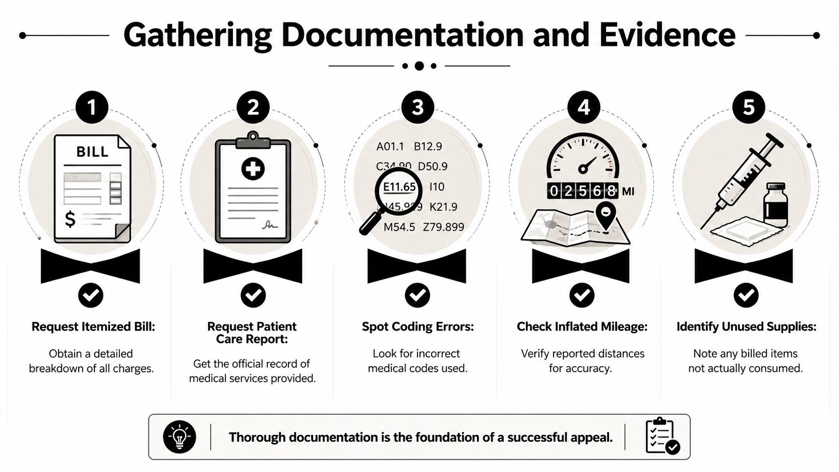 A five-step infographic showing how to gather documentation and evidence to dispute medical billing errors.
