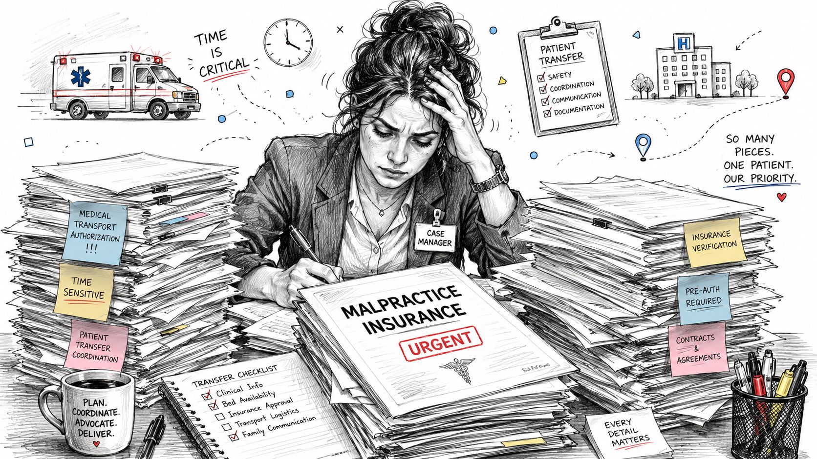 Stressed case manager overwhelmed by medical malpractice insurance paperwork and urgent patient transfer documentation in an office.