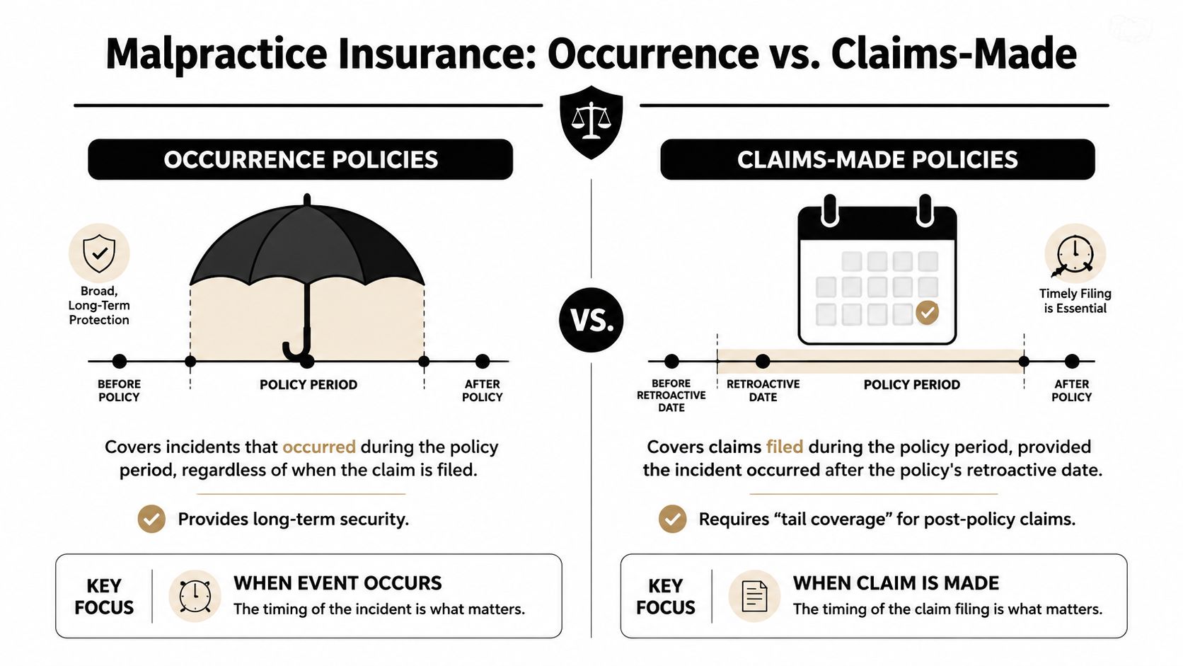 An infographic comparing occurrence versus claims-made malpractice insurance policies with key differences and focus areas.