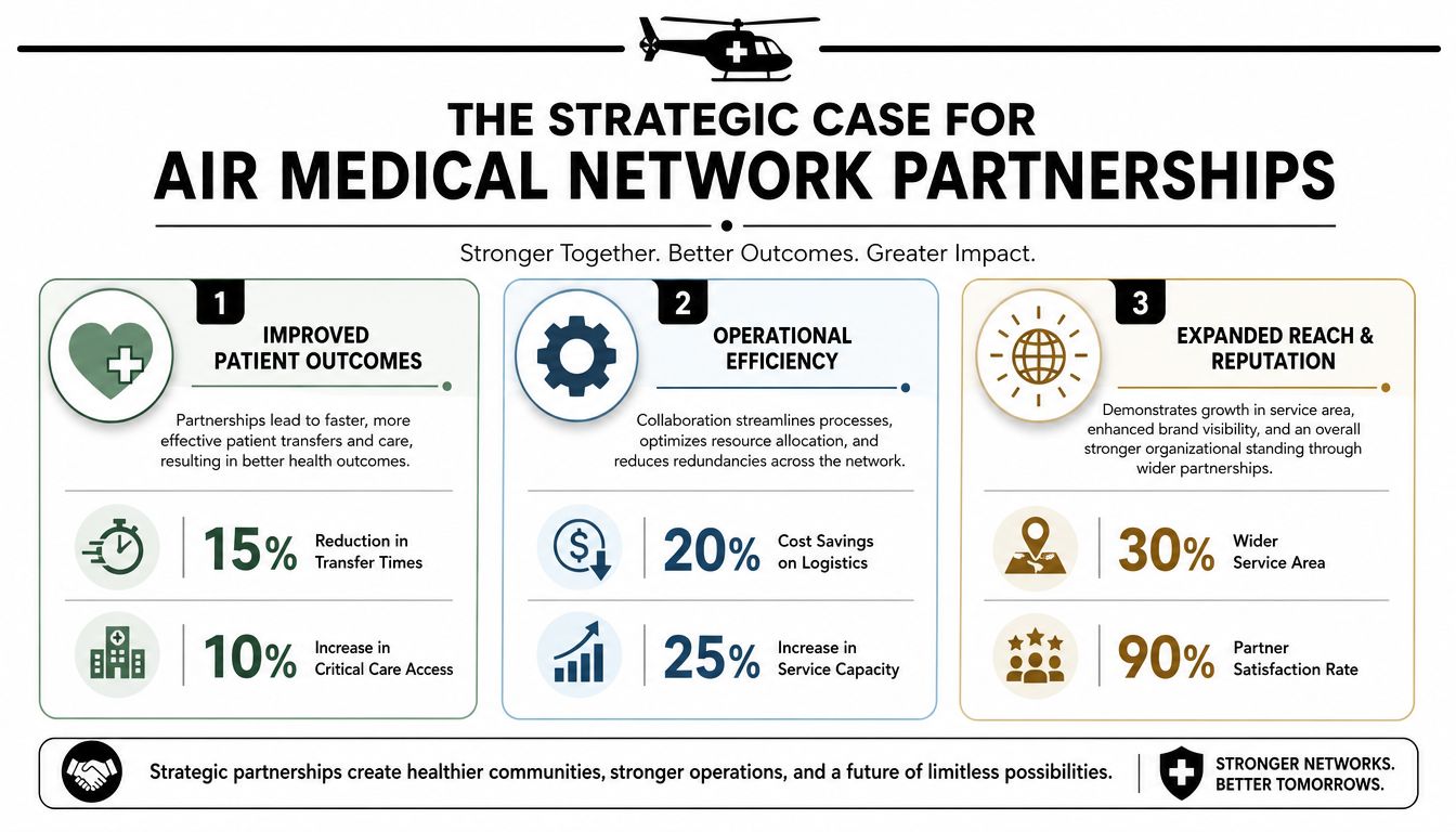 An infographic titled The Strategic Case for Air Medical Network Partnerships showing statistics for operational and clinical improvements.