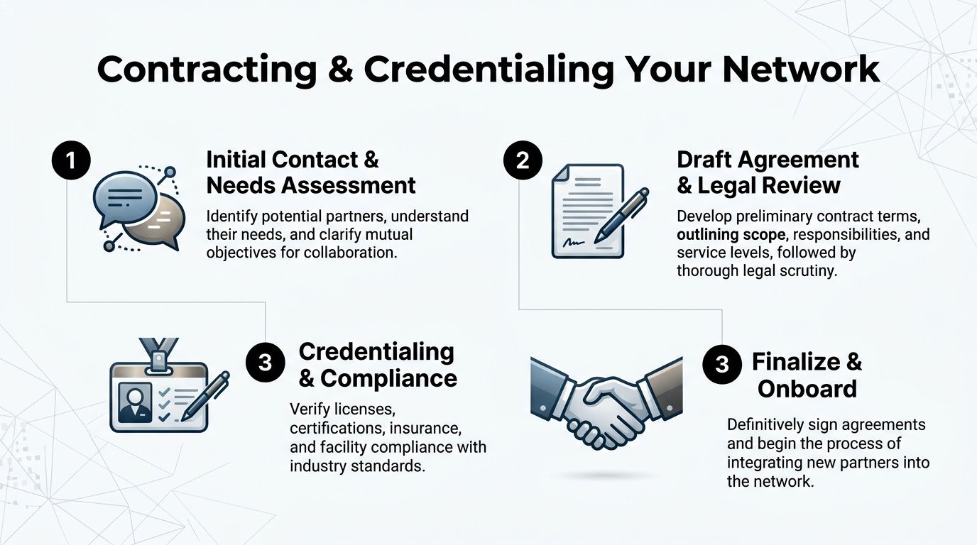 A four-step infographic illustrating the professional process of network contracting and credentialing for business partnerships.