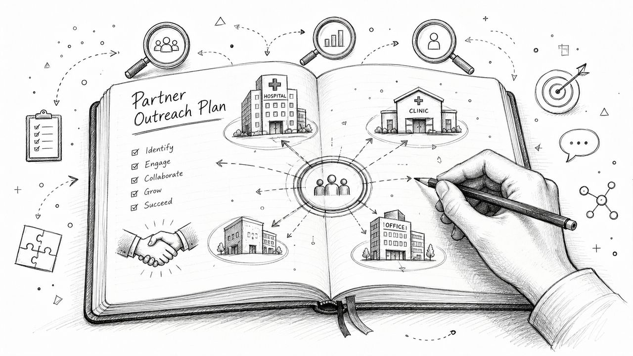 A hand drawing a strategic partner outreach plan with icons of medical facilities and a professional team.