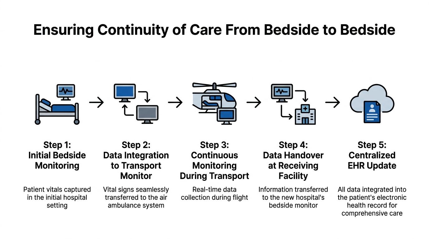 A five-step infographic showing the seamless transfer of patient monitoring data during air ambulance transport.