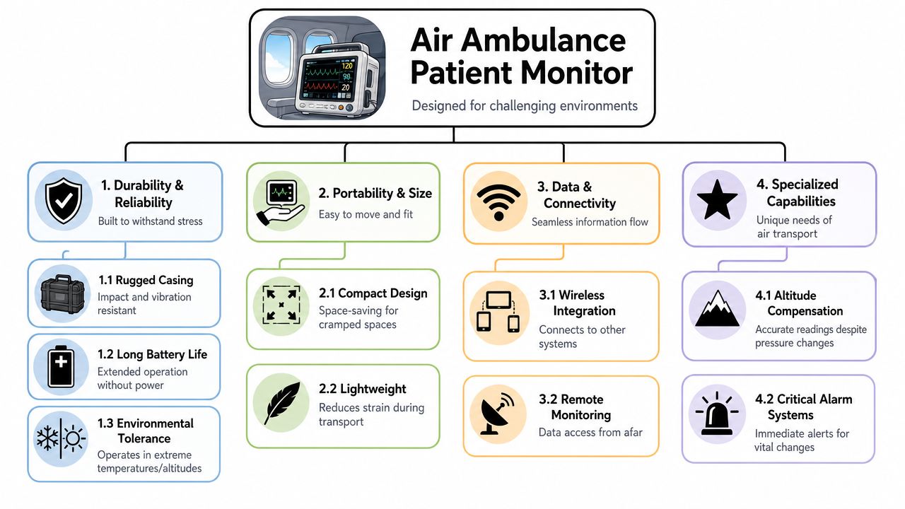 An infographic detailing the key design requirements for an air ambulance patient monitoring system.