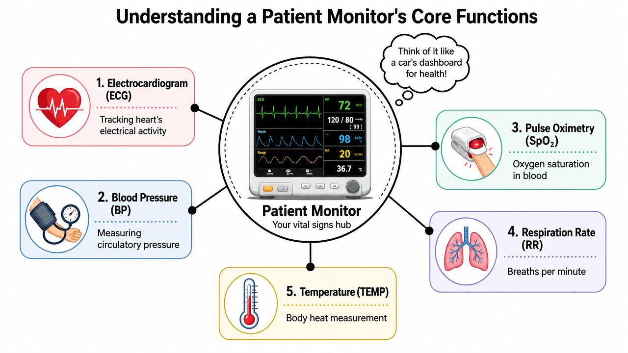 An infographic showing the five core vital signs monitored by a hospital patient monitoring system device.